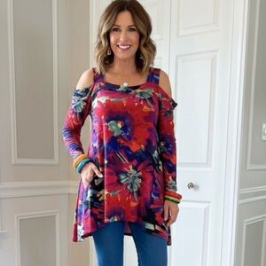 ClaraSunwoo Cold Shoulder Sharkbite Tunic Top Vibrant Jewel Tones Floral Print S